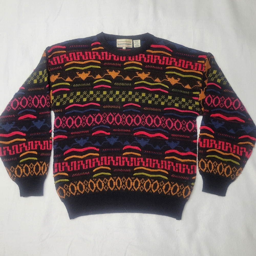 Vtg Westbound Sweater Cable Knit Biggie Cosby Coogi Style Geometric Jumper 90s M